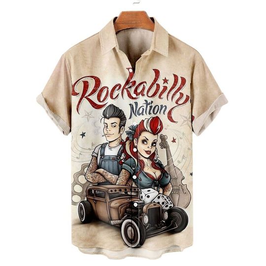 Discover Shirts For Men 3d Vintage Fashion Violin Rocker Printed Rockabilly Hawaiian Shirt