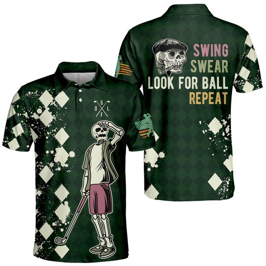 Discover Golf Skull Look For Ball Polo Shirts for Men Women, Swing Swear Repeat Golf Shirt