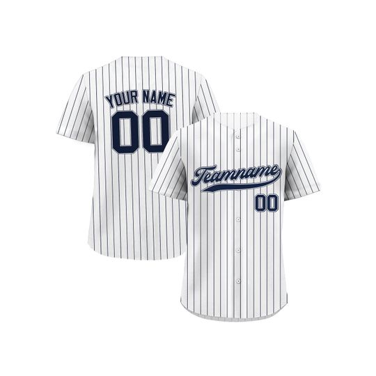Discover Printed White Navy Pinstripe Custom Baseball Jersey with Teamname Name Number