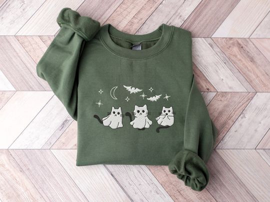 Discover Embroidered Halloween Sweatshirt, Cat Sweatshirt, Ghost Sweatshirt
