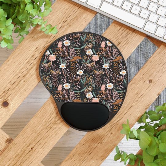 Discover Botanical Floral Mousepad, Black Flower Mouse Pad With Wrist Rest