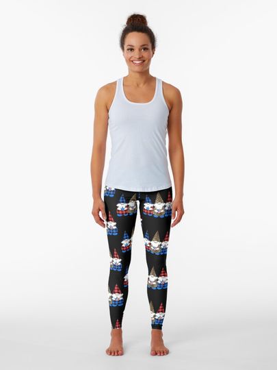 Discover 3 Patriotic Gnomes American Flag Red White Blue USA Gingham Plaid  | Leggings