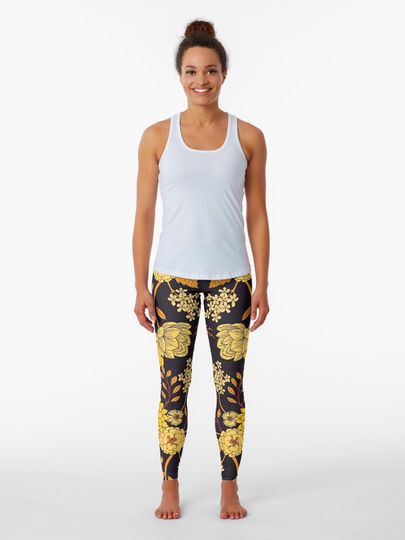 Discover Yellow, Orange & Navy Blue Dark Floral Pattern | Leggings