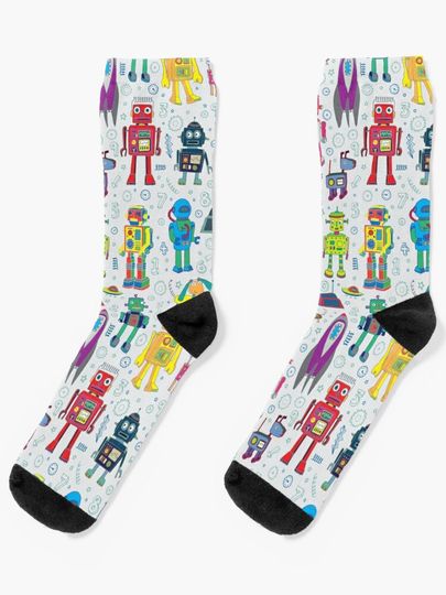 Discover Robots in Space - grey - fun Robot pattern by Cecca Designs | Socks