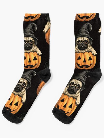 Discover Cute Halloween Pug with a Hut in the Pumpkin Autumn | Socks