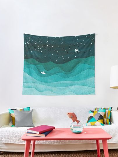 Discover Starry Ocean, teal sailboat watercolor sea waves night | Tapestry