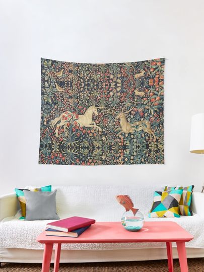 Discover UNICORN AND DEER AMONG FLOWERS, FOREST ANIMALS FLEMISH FLORAL | Tapestry