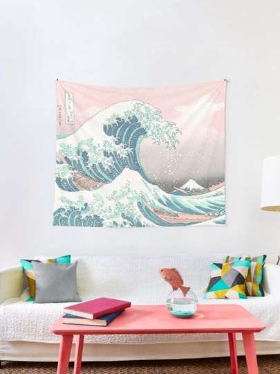 Discover The Great Wave off Kanagawa - Hokusai - Pastel Pink Color | Tapestry