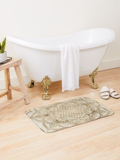 Discover Flower of Life in Lotus - pastel golds and canvas | Bath Mat