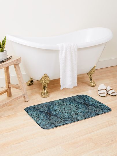Discover Black, Teal & Aqua Protea Doodle Pattern | Bath Mat