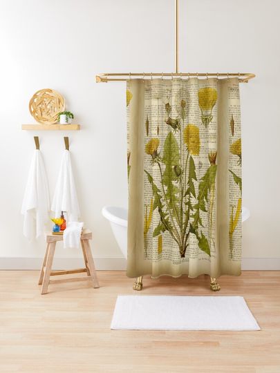 Discover Botanical print, on old book page - dandelion flowers | Shower Curtain