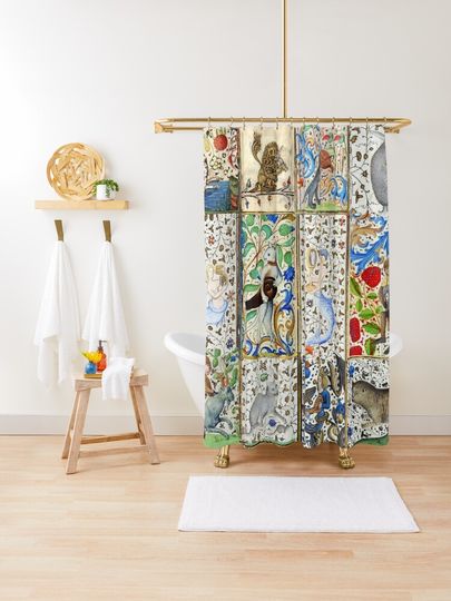 Discover WEIRD MEDIEVAL BESTIARY PLAYING MUSICAL INSTRUMENTS AMONG FLOWERS AND FRUITS | Shower Curtain