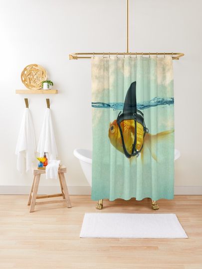 Discover Brilliant Disguise, Goldfish with a Shark Fin | Shower Curtain