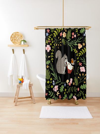 Discover Friendship Squirrel-Robin_BgBlack | Shower Curtain