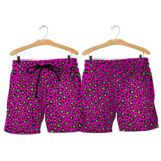 Discover Pink & Green Leopard Animal Print Men's Mid-Length Swim Trunks Shorts