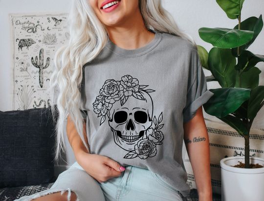 Discover Skull And Roses Oversized Vintage T-Shirt, Floral Skull Shirt, Halloween Shirt