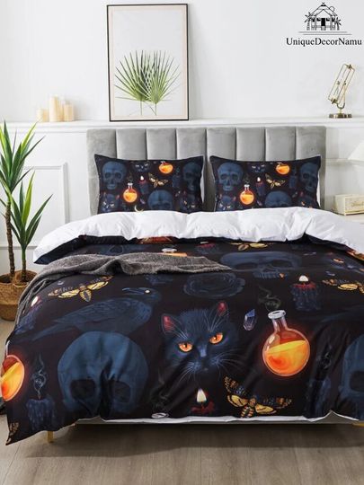 Discover Cat And Skull Duvet Cover Set, Black Cat Twin Bedding, 3D Halloween Duvet Covers Set, Spooky Season Decor