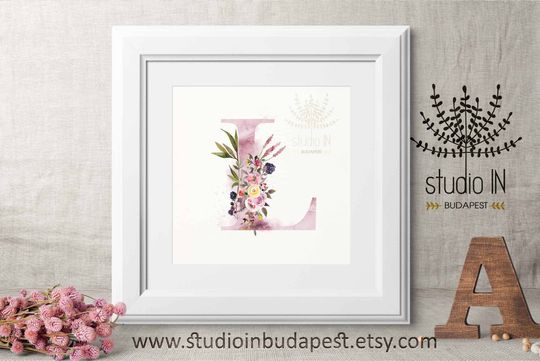 Discover Letter L alphabet initial or monogram with flower watercolor wall decor printable INSTANT DOWNLOAD