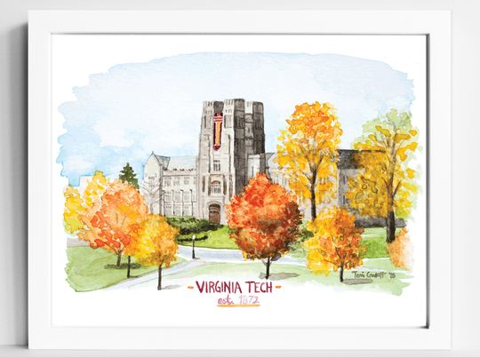 Discover Virginia Tech Hokies Watercolor Print | VT College Campus Wall Art | Blacksburg VA
