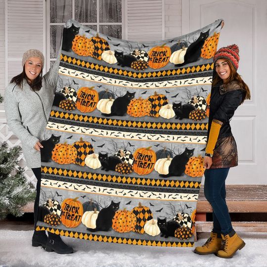 Discover Halloween Pumpkin Black Cat Blanket, Spooky Season Pumpkin Halloween Bedding