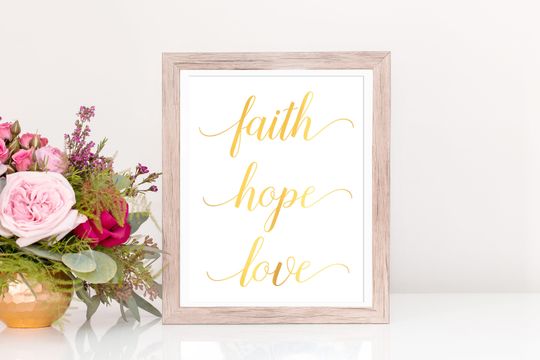 Discover Faith Hope Love Gold Foil Print, Script Bible Verse Wall Art 1 Corinthians 13, Home Decor, Scripture Wall Art Christian Housewarming Gift