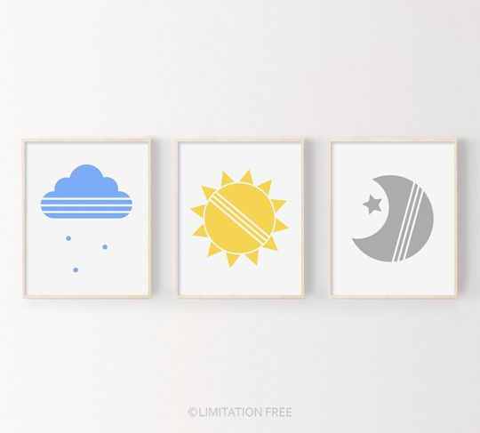 Discover Set of 3 Nursery Prints - Sunshine, Star, and Moon Art