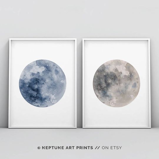 Discover Blue Watercolor Full Moon Print Set for Decor