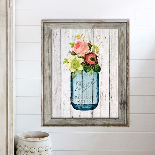 Discover SALE-Flowers In Vintage Mason Jar On Barn Wood-Digital Print-Wall Art-Digital Designs-Home Decor-Gallery Wall-Modern Farmhouse Wall Decor
