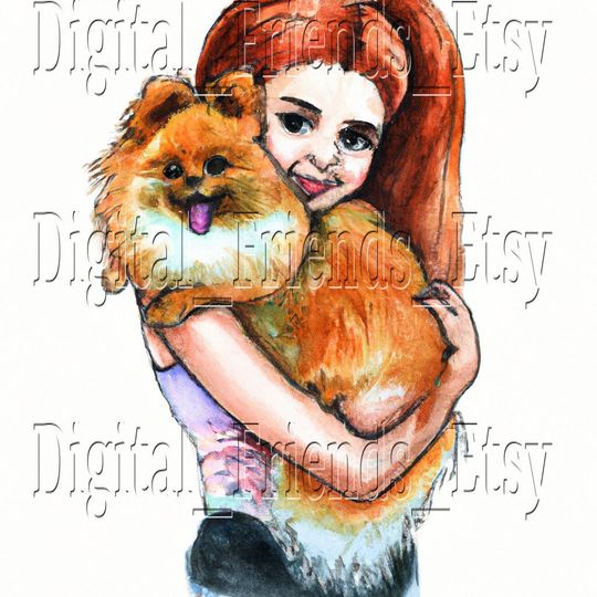 Discover Pomeranian with Redhead Girl Watercolor Digital Art for printing, wallaper, phone background