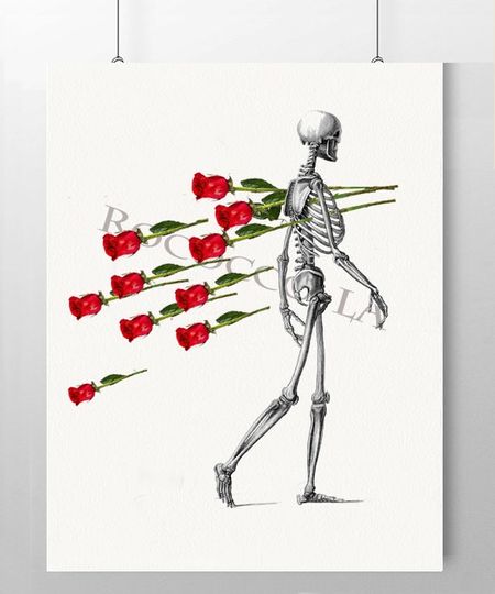 Discover SKELETON and RED ROSES- Anatomy print, poster- Anatomical art prints, Love wall art