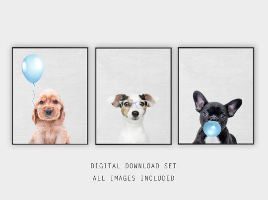 Discover Cute Puppies, Nursery Wall Art, Dog Prints, Set of 3, Light Blue Posters, Bubble gum Print, Balloon Printable Art, Beagle Print, Kid Bedroom