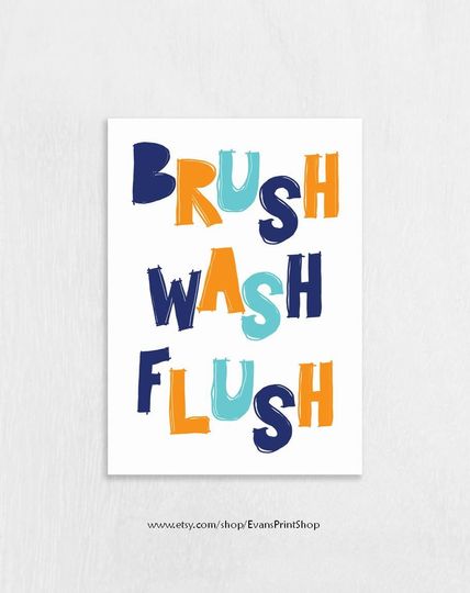 Discover 5" x 7" Bathroom Art Kids Download - Brush Wash Flush - Instant Download! - Navy Blue, Orange, Aqua