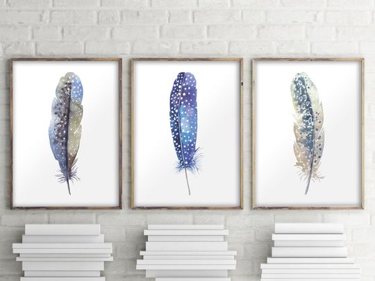 Discover Feather Print Set of 3 - Bohemian Wall Decor Prints