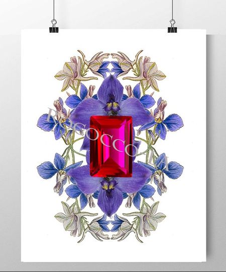 Discover Birth Stone&Flower Print/JULY/Ruby/Larkspur/Mixed media art/Motivational art,illustration/Birthday gift