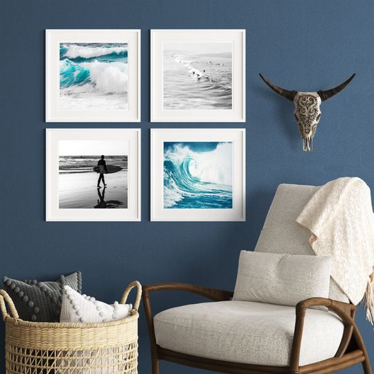 Discover Surf prints, ocean waves wall art, set of 4 square poster, custom sizes, large prints, beach posters, surfers wall decor, beach house art
