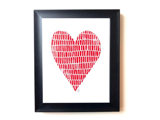 Discover Red heart linocut print - Minimal wall art 8x10 letterpress block print - Hand pulled relief poster - Valentines Day linoprint wall art
