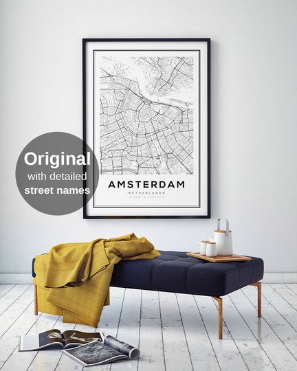 Discover Amsterdam Black and White City Map Print