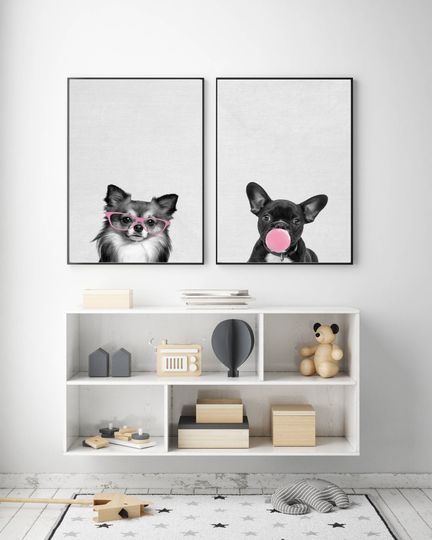 Discover Dogs Print, Pug Wall Art, Set of 2, Nursery Decor, Puppy Photography, Bubble Gum Poster, Pink Decor, Chihuahua Print, French Bulldog Poster