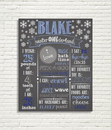 Discover Winter ONEderland Chalkboard First Birthday Sign 16x20" Poster Blue Silver OR *Choose Your Own Colors*  Digital File ONLY Birthday Stats