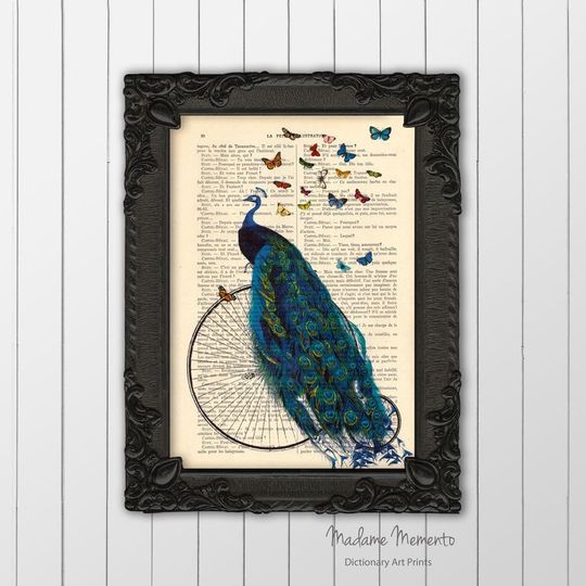 Discover Peacock on bicycle with butterflies illustration on original book page, rustic penny farthing decorations