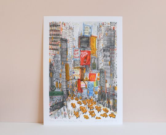 Discover TIMES SQUARE Taxis, New York Art, NYC Street Watercolor, Skyscraper Manhattan Drawing, New York Painting, Signed Home Decor, Clare Caulfield