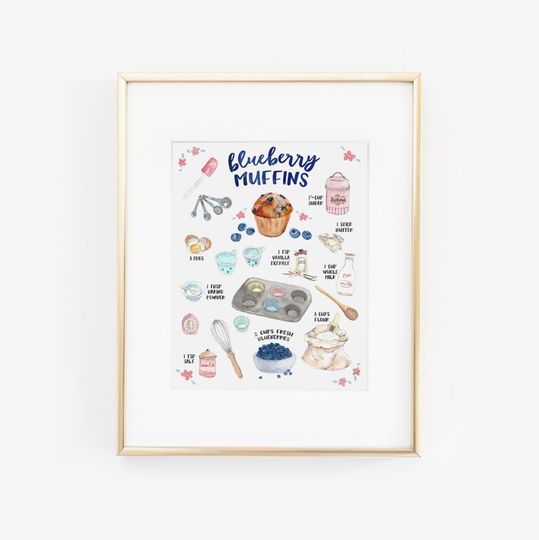 Discover Blueberry Muffin Print, Illustrated Recipe, Recipe Print, Blueberry Muffin Recipe, Kitchen Decor, Recipe Art, Bakery Art, Ingredient Print