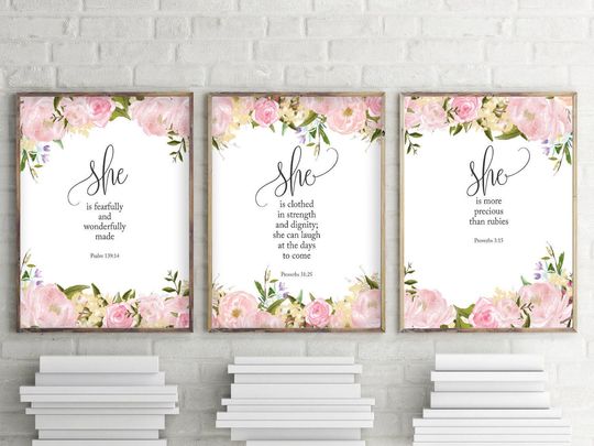 Discover Nursery Wall Art, Set of 3 prints, She Is More Precious Than Jewels, Fearfully and Wonderfully Made, She Is clothed In Strength and Dignity