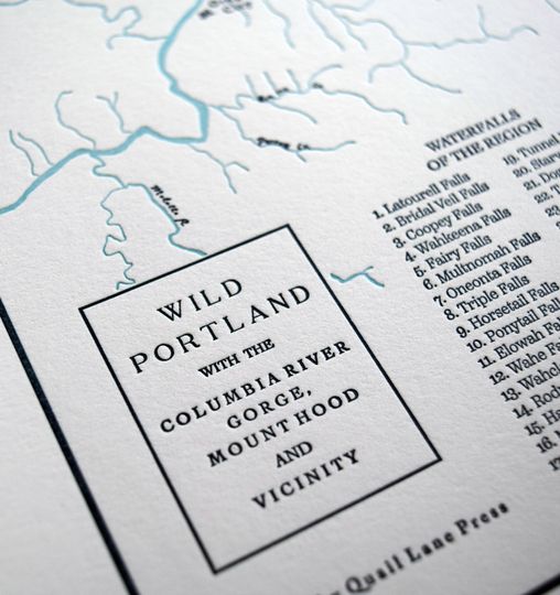 Discover Portland Oregon, Columbia River Gorge, and Mount Hood Letterpress Map, Wall art, Print
