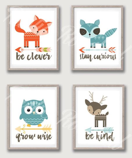 Discover Set of 4 Woodland Animal Nursery Printable Art 8x10 jpeg instant digital download be clever stay curious grow wise be kind