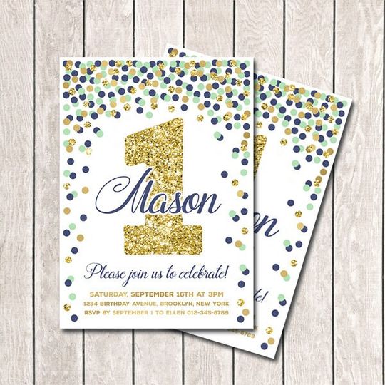 Discover 1st birthday invitations for boys Mint navy and gold invitation 1st birthday party invitations Personalized printable invites