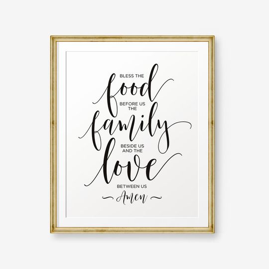 Discover Bless the food before us, the family beside us and the love between us Amen, Kitchen Decor, Kitchen Art, Christian wall art, Gold