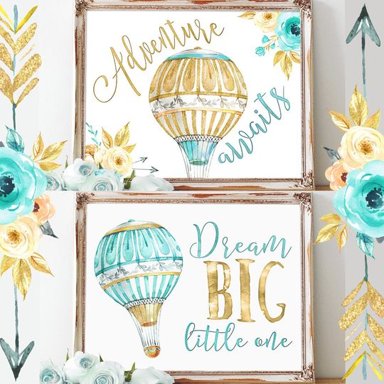 Discover Hot Air Balloon Nursery Printables, Set of 2 Adventure prints, Instant Download, Watercolor Floral, Mint & Gold, Baby Girl, Boys Room Decor