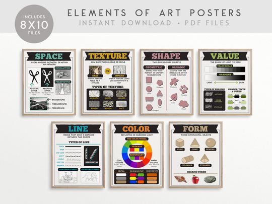 Discover Elements of Art Classroom Printable Posters, Art Classroom (Line, Shape, Color, Texture, Space) INSTANT DOWNLOAD 8x10 - 7 posters total