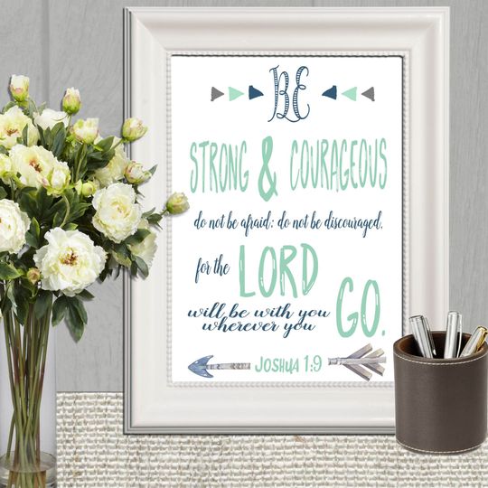 Discover Joshua 1:9 Be Strong and Courageous sign Bible verse printable Blue mint green Arrow Boy Scripture print Nursery Christian wall art DOWNLOAD